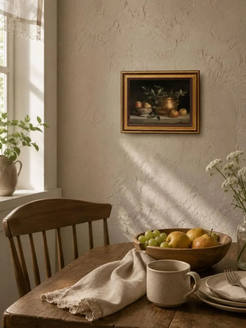 Vintage Apple Still Life Wall Art - Gold Framed Canvas Decor for Kitchen